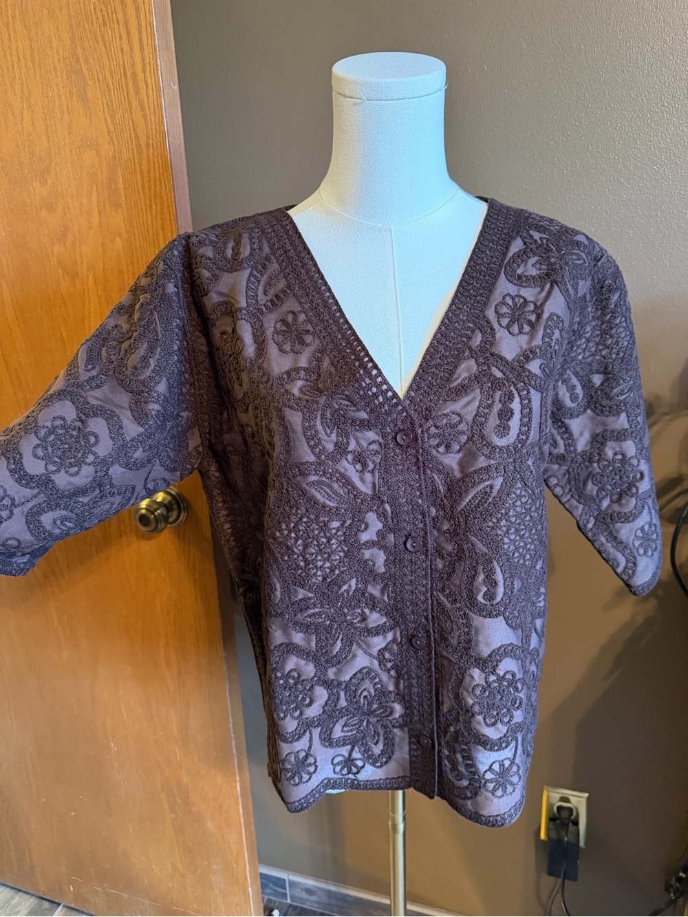 Solitaire Dark Brown Floral Lace-Overlay V-Neck Cardigan